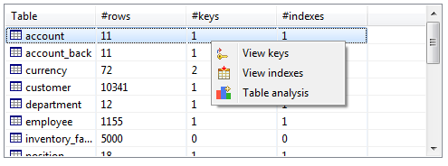 Contextual menu of a table from the Statistical Information section.