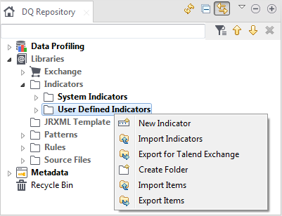 Contextual menu of the User Defined Indicators node.