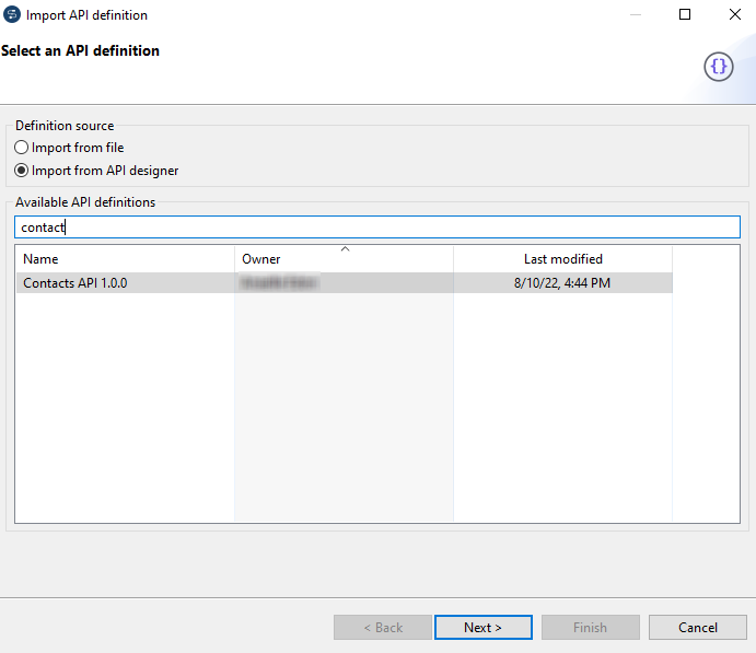 Import API definition dialog box with Import from API designer option selected.