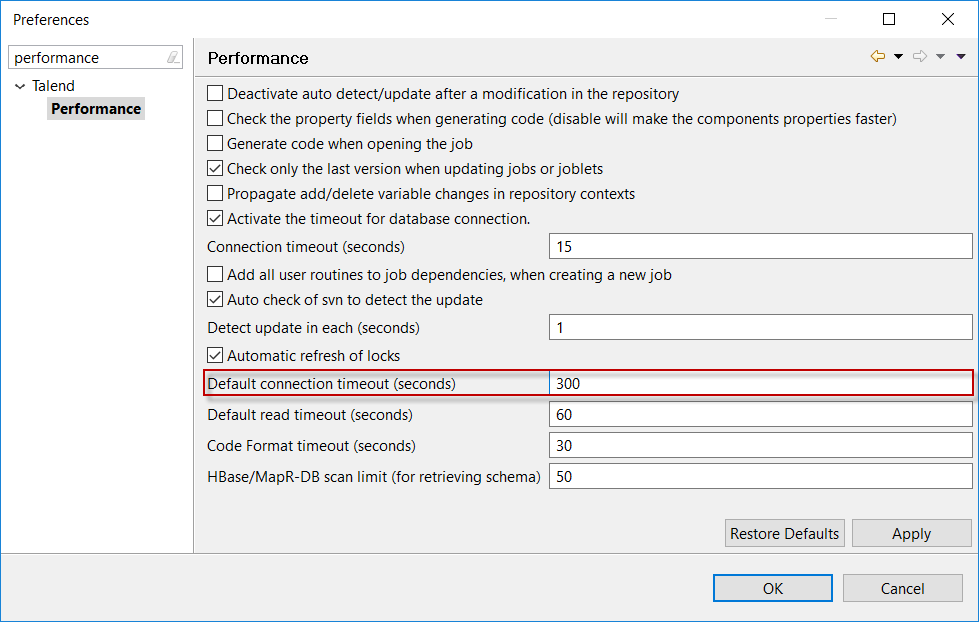 Preferences dialog box with Performance tab opened