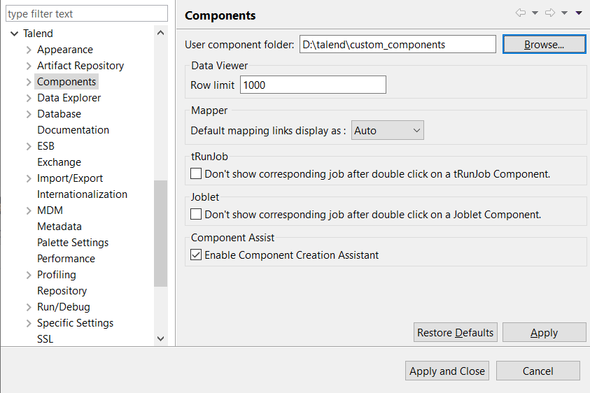 Components configuration in the Preferences dialog box.
