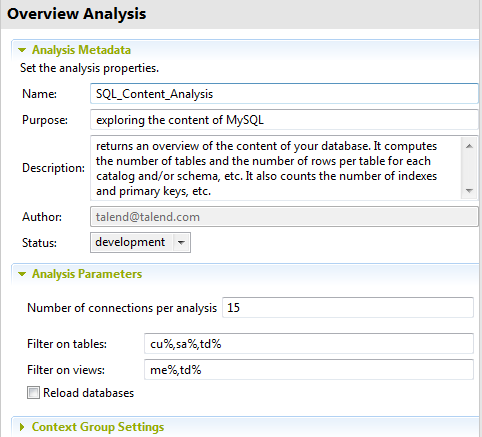 Overview of the Analysis Metadata section containing the defined metadata.