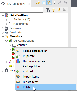 Contextual menu of a DB connection from the Profiling perspective.