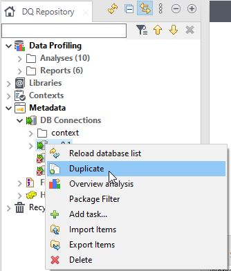Contextual menu of a DB connection from the Profiling perspective.