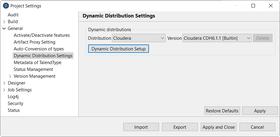 Talend Studio Project Settings dialog box opened with Dynamic Distribution Settings view selected.
