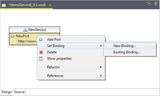 Option to create a new binding in the design workspace.