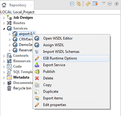 ESB Runtime Options option in the Repository tree view.
