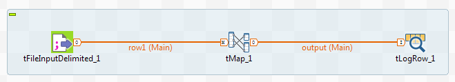 Example of a Job using the tFileInputDelimited, tMap, and tLogRow components.