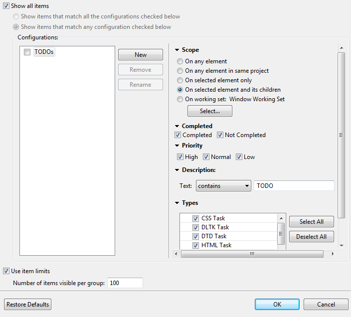 Overview of the Configure contents... dialog box.