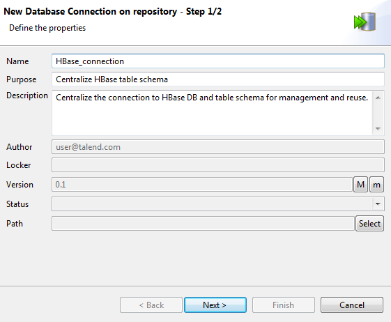 New Database Connection on repository - Step 1/2 dialog box showing general properties.