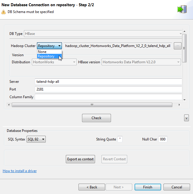 New Database Connection on repository - Step 2/2 dialog box showing HBase connection details.