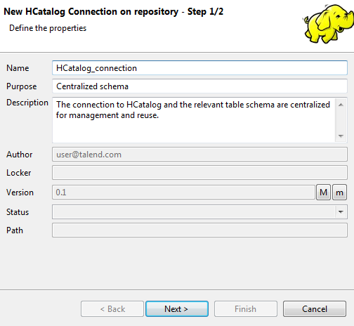 New HCatalog Connection on repository - Step 1/2 dialog box showing general properties.