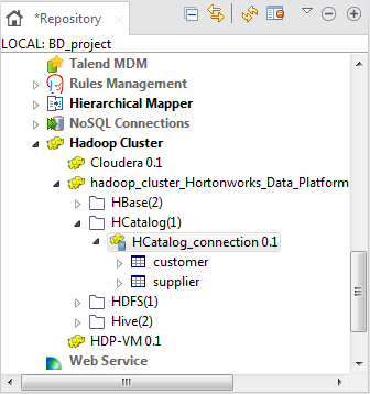 HCatalog connection displayed in the Repository tree view.