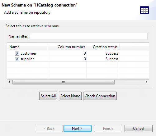 New Schema on "HCatalog_connection" dialog box showing schema to be selected.