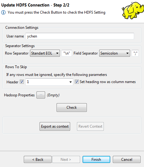 New HDFS Connection on repository - Step 2/2 dialog box HDFS settings.