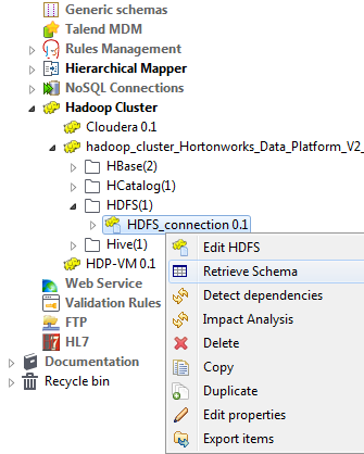 HDFS connection displayed in the Repository tree view.