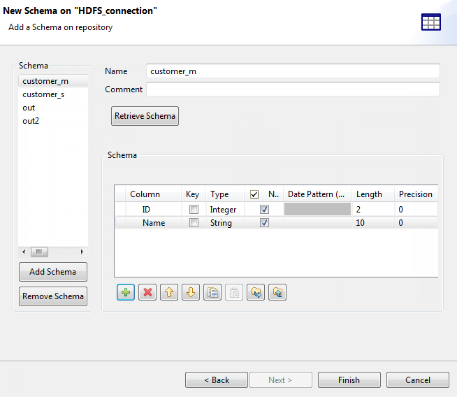 New Schema on "HDFS_Connection" dialog box showing schemas to be added on repository.
