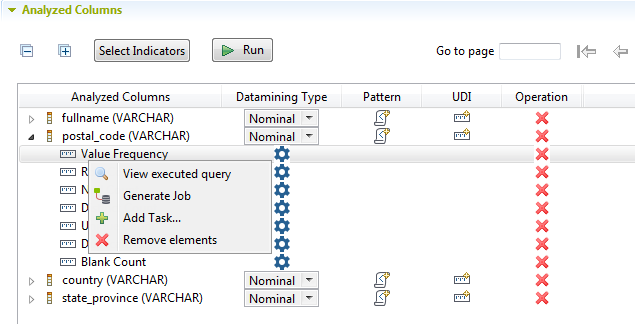 Contextual menu of an indicator from the Analyzed Columns section.