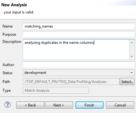 Screenshot of the New Analysis dialog box where the analysis name is matching_names, the description is analyzing duplicates in the name columns, and the status is development,