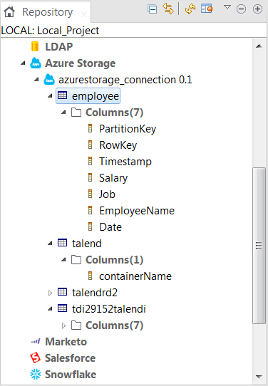New Azure Storage connection displayed in the Repository tree view.