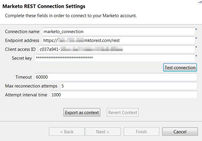 Marketo REST Connection Settings dialog box.
