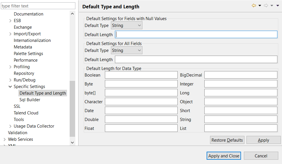 Default Type and Length configuration in the Preferences dialog box.