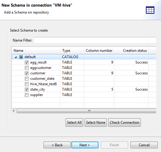 New Schema in connection "VM-Hive" dialog box showing schema to be selected.