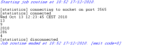 The result is Wed Oct 13 12:23:45 CEST 2010, and then 13, 9, 2010, 286, and 4 in the Run view.