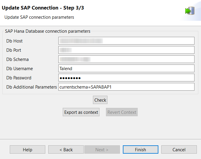 Update SAP Connection - Step 3/3 dialog box.