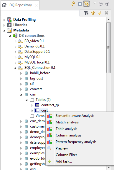 Contextual menu of a table under the Metadata node.