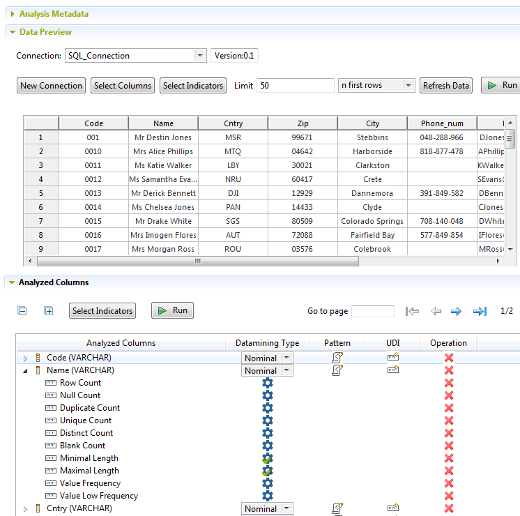 Overview of the Data Preview and Analyzed Columns sections when the indicators have been automatically assigned.