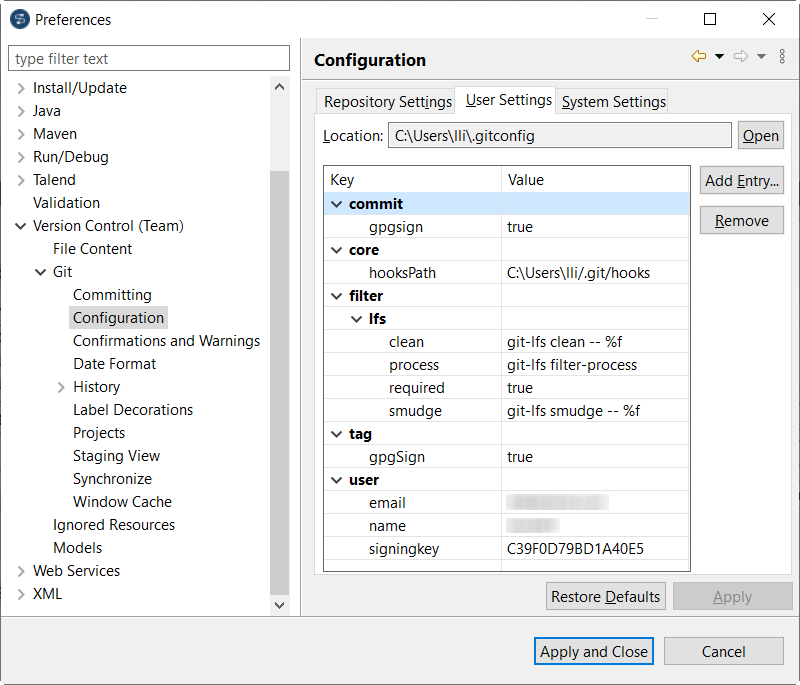 Configuration section of the Preferences dialog box.