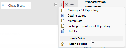 Location of the View menu icon in the Cheat sheets view.