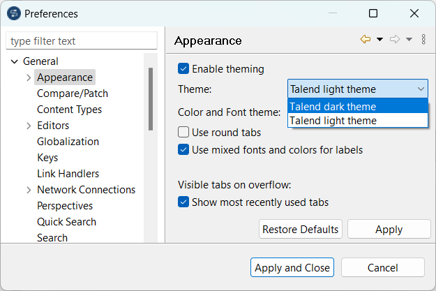 Appearance configuration in the Preferences dialog box.