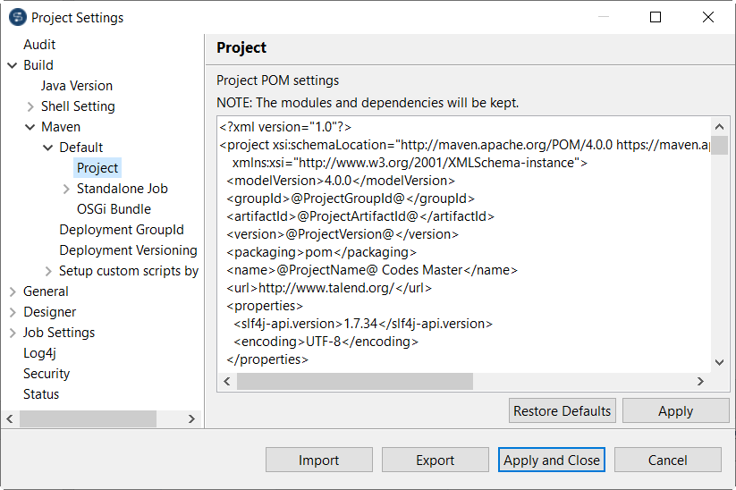 Project configuration in the Project Settings dialog box.