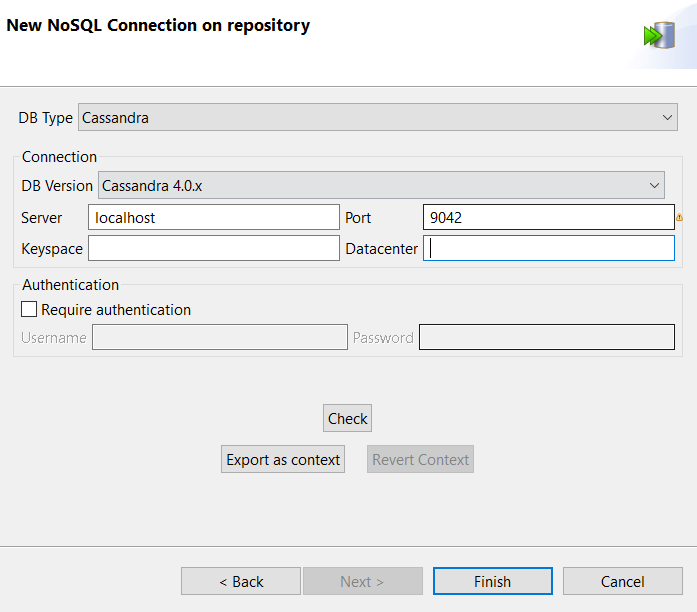 New NoSQL Connection on repository dialog box showing connection details for Cassandra.