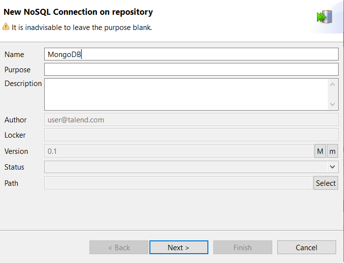 New NoSQL Connection on repository dialog box showing general properties.