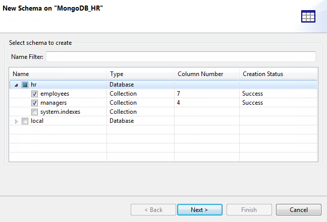 New Schema on "MongoDB_HR" dialog box showing schema to be created.