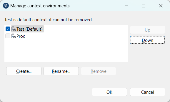 Manage context environments dialog box.