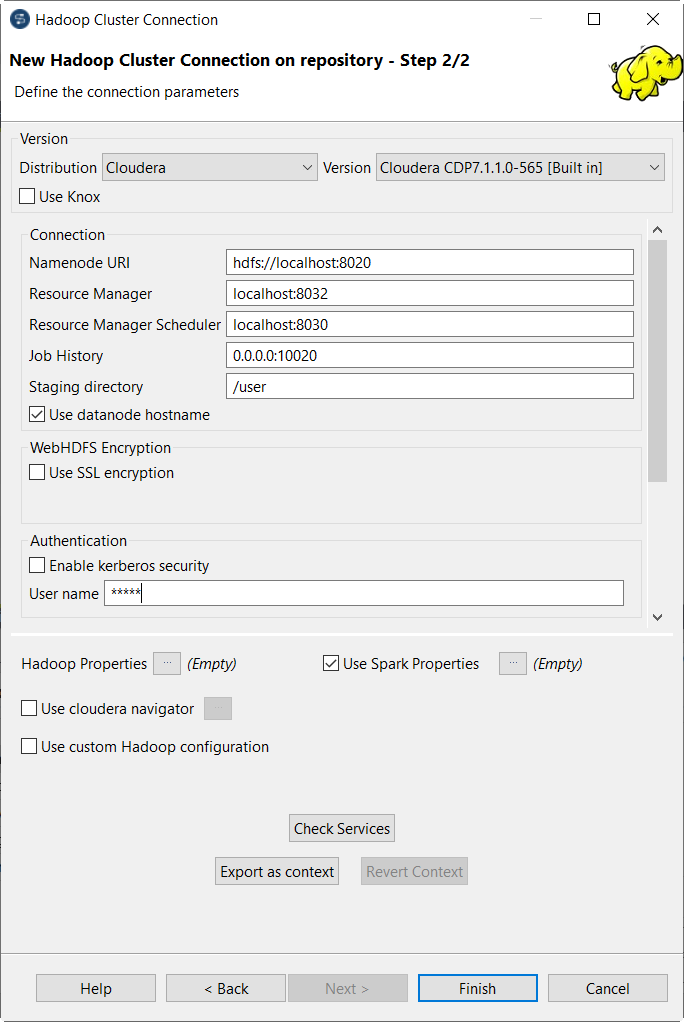 New Hadoop Cluster Connection on repository - Step 2/2 dialog box.