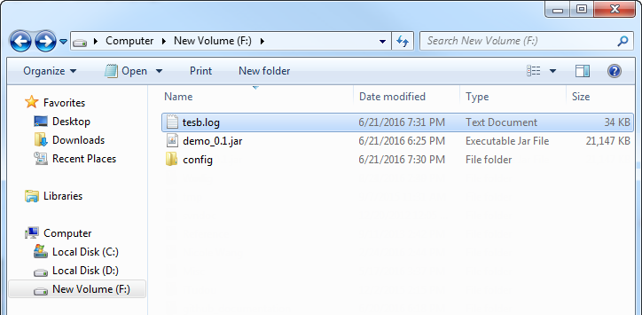 The tesb.log file is located in Computer > New Volume (F:) .