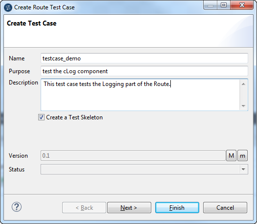 Create Route Test Case dialog box.
