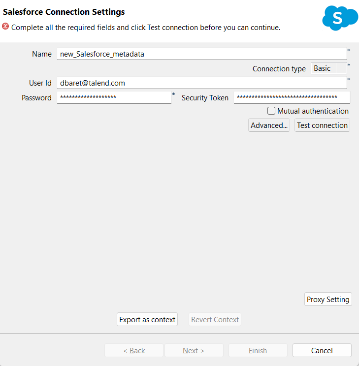 Salesforce Connection Settings dialog box.