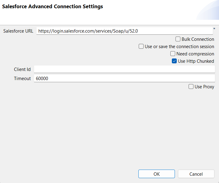 Salesforce Advanced Connection Settings dialog box.