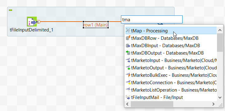 Screenshot that shows how to add a new component on a connection in the design workspace by typing its name.