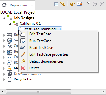 Options for test cases in the Repository tree view.