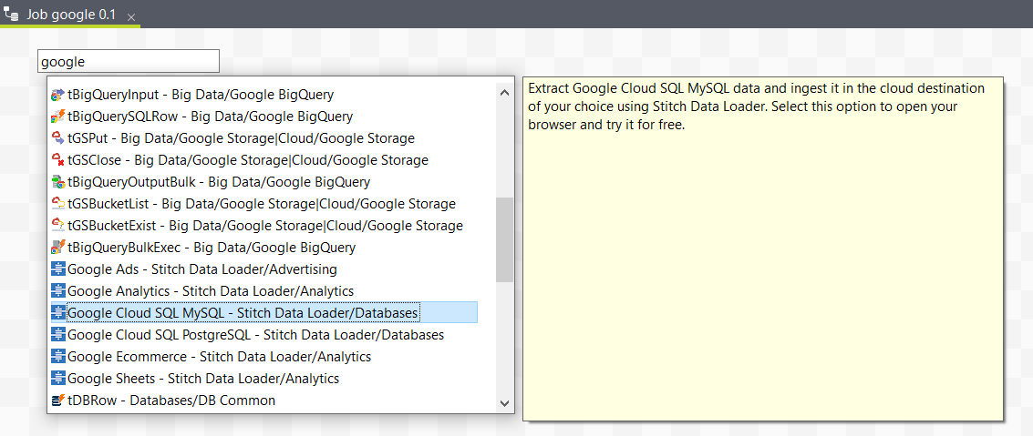 Search results for the term "Google" in the design workspace. The list contains the Google Cloud SQL MySQL - Stitch Data Loader/Databases connector.