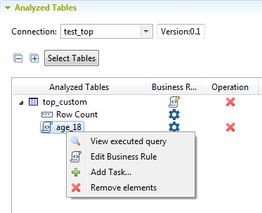 Contextual menu of a business rule in the Analyzed Tables section.