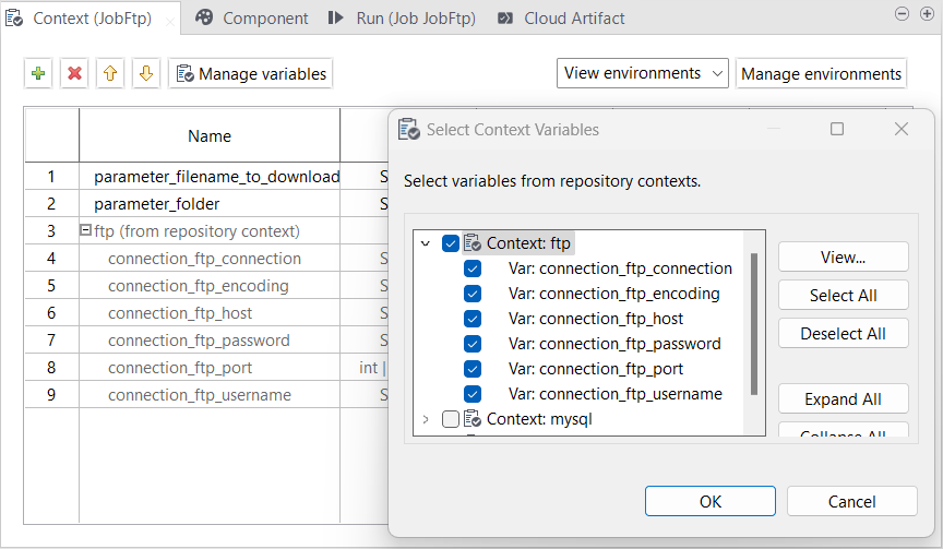 Context view with a dialog box to manage context variables.