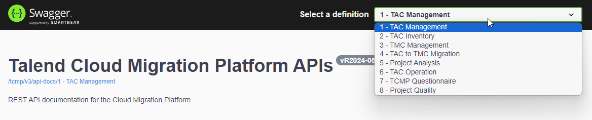 Talend Cloud Migration Platform APIs Swagger page.